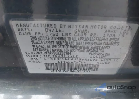 2016 Nissan Versa 1.6 S+ z USA, uszkodzony, nr VIN 3N1CN7AP3GL892764